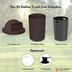 Sturdy Essentials Campus Collection 55 Gallon Round Plastic Heavy Duty Commercial Indoor or Outdoor Trash Can with Push Open Dome Lid and Internal Liner | Great for Schools and Businesses - Brown