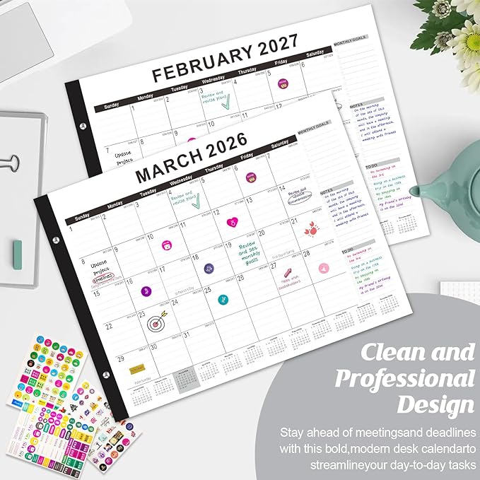 Gannyfer Desk Calendar 2026, Large 2026 Desk Calendar 22" x 17", Use Now to March 2027, 18 Monthly Academic Desktop Calendar 2026 with To-Do List, 2026 Calendar for Office, School, Home(6 Stickers)