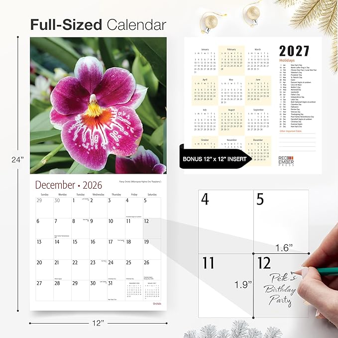 RED EMBER Orchids 2026 Wall Calendar 12 Month | 12" x 24" Open | Thick & Sturdy Paper | Holiday Gift | Flower Nature Calendar 2026