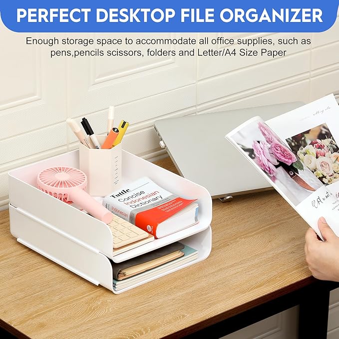 CiWiVOKi Desk Letter Tray Set of 2, Office Organization and Storage, PET Stackable Document Organizer for Notes, Pens, File Paper, White