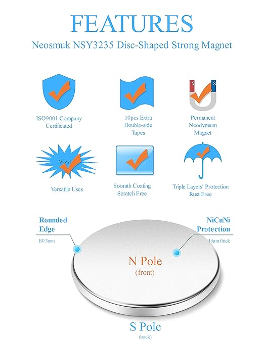 Neosmuk Super Strong Neodymium Magnets, Heavy Duty, Industrial Grade, Round, Silver, 10 Pack, 1.26 Inch Diameter x 0.126 Inch Thickness