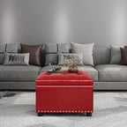 Decent Home 24'' Leather Storage Ottoman Rectangular Foot Rest Stool with Nailhead Trim for Bedroom Living Room(Red)