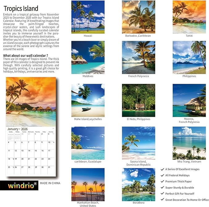 2026 Wall Calendar,Calendar 2026, November 2025 - December 2026, Wall Calendar Beaches Island, 12" x 24" Opened,Full Page Months Thick & Sturdy Paper for Calendar Organizing & Planning