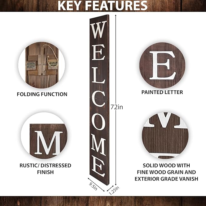 Tall Outdoor Welcome Sign for Front Door, 6ft Brown Welcome Sign,Rustic Tall Welcome Sign for Front Porch Decor, Farmhouse Welcome Porch Sign Wood Vertical Decor, Fall Porch Decor for The Home