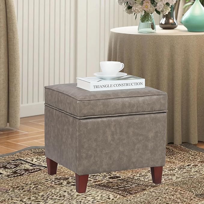 Asense Square Storage Ottoman Faux Leather Upholstered Footrest Footstool with Wooden Legs, Grey