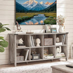 Joaxswe 8 Cube Book Shelf, Farmhouse Wood Long Storage Organizer Bookcase, 62" Horizontal Grey Oak Console Closet Bookshelf, Hallway TV Stand for Entryway, Display Cabinet Book Case for Living Room
