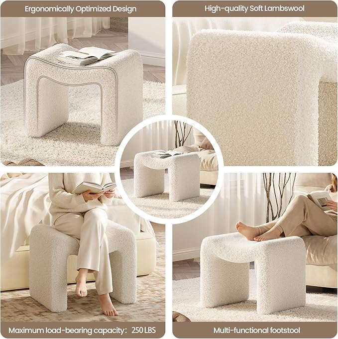 ZYKZYK Ottoman Vanity Seat, Plush Velvet Backless Stool and Small Foot Rest, Modern Accent Seating for Bedroom, Makeup Table or Living Room, White
