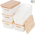 Anywish Small Storage Bins with Lids 6 Packs, Plastic Storage Basket with Bamboo Lid for Pantry Organization and Storage Containers for Shelves Drawers Desktop Closet Playroom Office Home, White