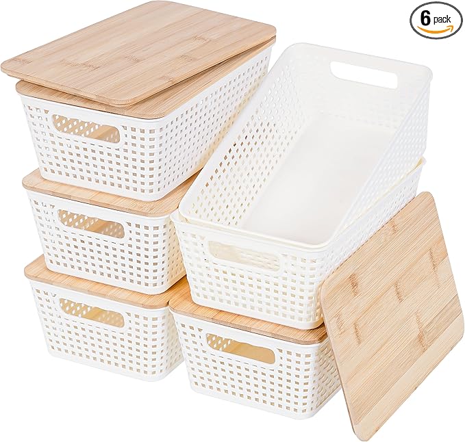 Anywish Small Storage Bins with Lids 6 Packs, Plastic Storage Basket with Bamboo Lid for Pantry Organization and Storage Containers for Shelves Drawers Desktop Closet Playroom Office Home, White
