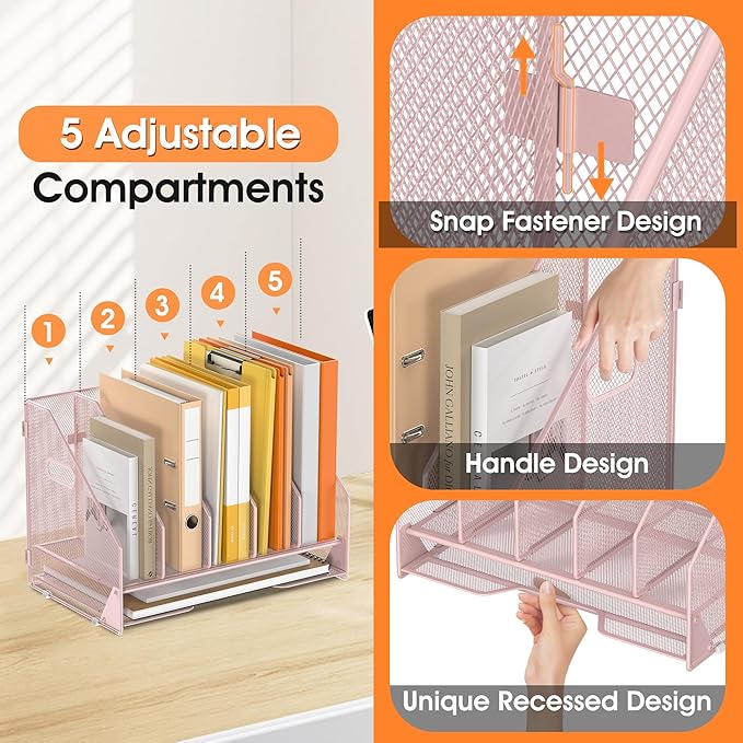 OrgMate Desk File Folder Holder Organizer-5 Vertical Compartments Racks and Paper Letter Tray,Mesh Magazine File Holder Sorter,Desktop Accessories & Workspace Organizers for Home,Office,School-Pink