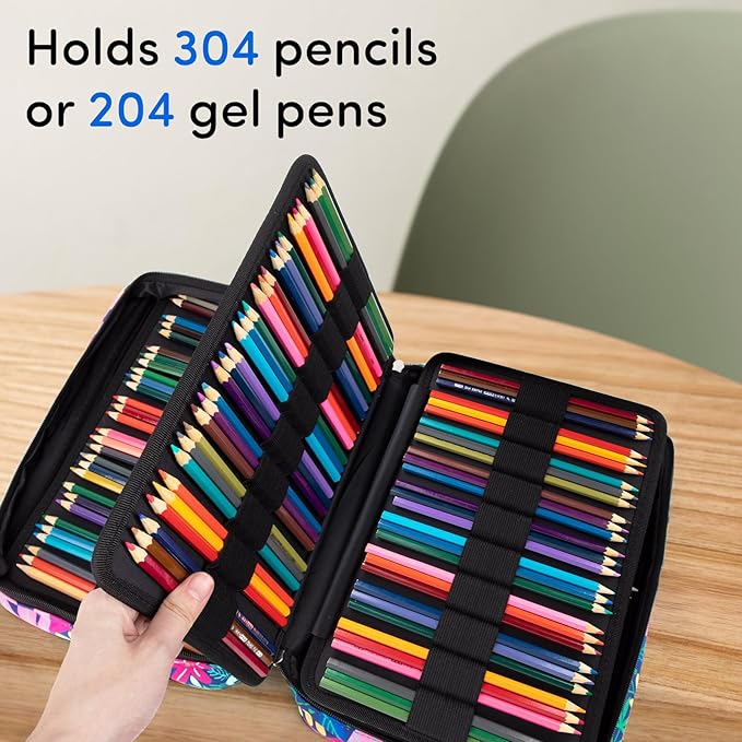 YOUSHARES 300 Slots Color Pencil Case - Pen Case Organizer with Handy Wrap & Zipper, Multilayer Holder for Prismacolor Colored Pencils & Gel Pen (Rainforest)