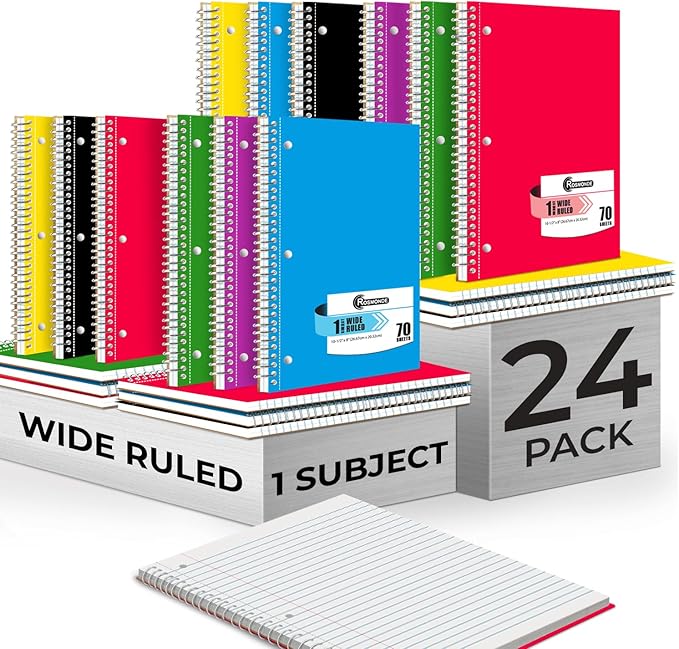 Rosmonde Spiral Notebooks, 24 Pack, 1 Subject Notebook, Wide Ruled, 70 Sheets, 8 x 10-1/2", 3 Hole Punched, School Supplies, Bulk Single Subject Spiral Notebook Bulk, Assorted Colors Pack of Notebooks