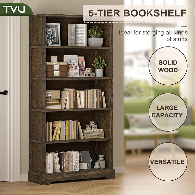 TVU 5-Tier Solid Wood Book Shelf, Floor Standing Bookcase, 65" H × 31.5" W × 11.8" D Bookshelf, Farmhouse Style Book Case with Arched Base, Suitable for Living Room, Study, Office, Rustic Brown