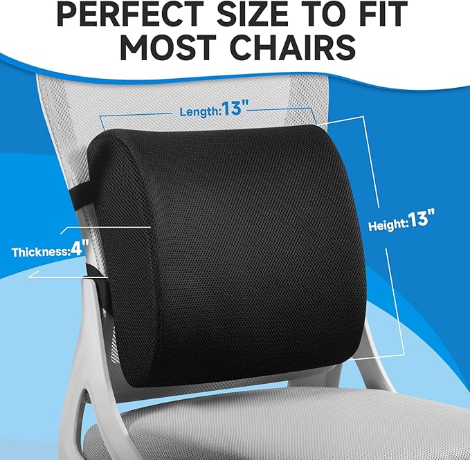Lumbar Support Pillow for Office Chair, College Dorm Room Essentials, Memory Foam, Lower Back Support for Car, Back Pain Relief, Back Cushion for Chair with Adjustable Strap and Mesh Washable Cover
