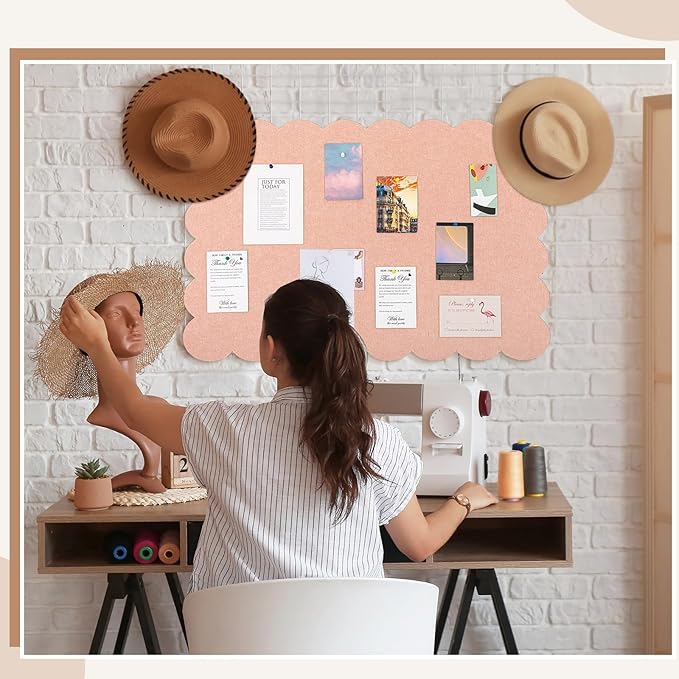 Mooliwe Scalloped Felt Bulletin Board 24 x 18 Inches Foldable Light Pink Pin Cork Board Alternative for Wall, 2' x 1.5' Trifold Picture Vision Self Adhesive Bulletin Decorative