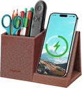 TopMade Wireless Charger with Pen Holder, Multi-functional Desktop Organizer and Storage, Home Office Supplies Desk Accessories, Pencil/Remote Holder with Fast Charging Phone Stand (Brown)