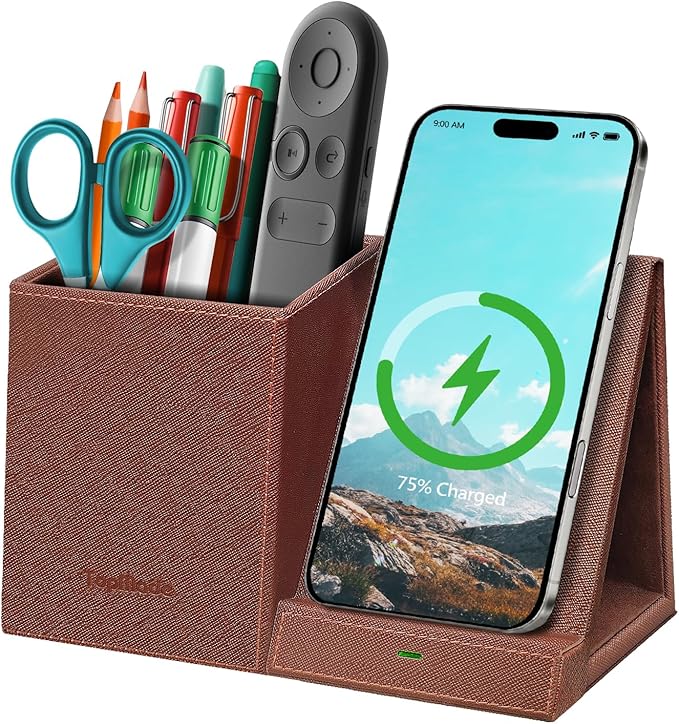 TopMade Wireless Charger with Pen Holder, Multi-functional Desktop Organizer and Storage, Home Office Supplies Desk Accessories, Pencil/Remote Holder with Fast Charging Phone Stand (Brown)
