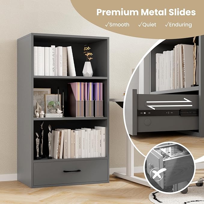 Tangkula 3 Tier Bookcase with Drawer, 42.5”Tall Freestanding Bookshelf with 3 Open Shelves & 1 Drawer, Anti-toppling Devices, Modern Display Storage Organizer for Home Office (Grey, 42.5" H)