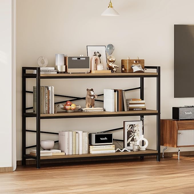 3 Tier Bookcase 47.24" Width, Long Industrial Book Shelf, Vintage Wooden Large Book Shelf for Home Living Room Bedroom Office Storage(Light Coffee)