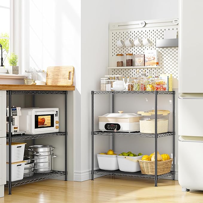3 Tier Storage Shelves Metal Shelving Unit,Adjustable Wire Rack Pantry Kitchen Shelves,Small Shelf Wire Shelving for Laundry Office Bedroom Dorm Bathroom Closet 24" W x 30" H x 14" D Black Shelves