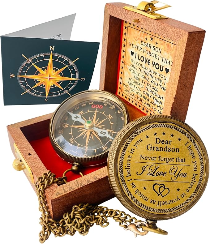Gift for Grandson Brass Compass Engraved Quote | Memory Present to My Grandson Birthday, Baptism, Graduation, Confirmation, Love, Gift idea by Grandpa Grandma