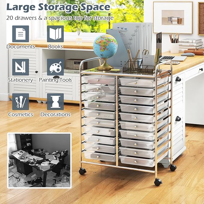 Happygrill 20-Drawer Organizer Cart Tools, Mobile Utility Storage Cart with Removable Drawers & Lockable Wheels, Rolling Storage Cart with wheels for Home Office School(White)