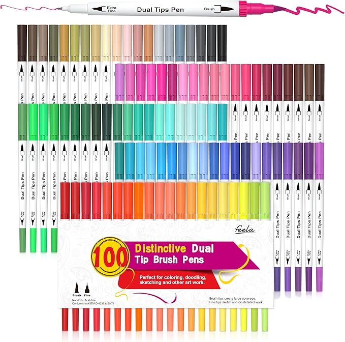 feela 100 Colors Dual Tip Brush Pens with Fineliners Art Markers, Watercolor Dual Brush Tip and Highlighters For Adult Coloring Books, Art, Sketching, Calligraphy, Manga, Journal
