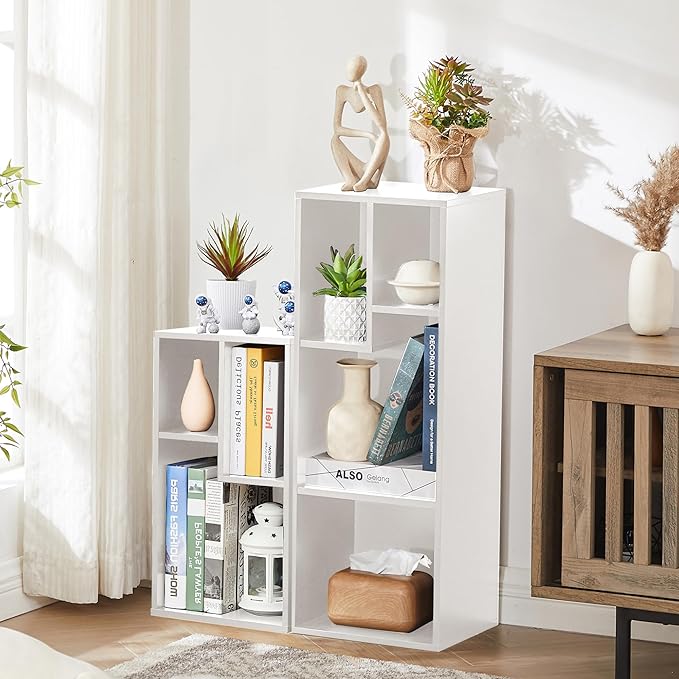 VECELO Narrow Bookshelf Set, Fits 9.3" × 10-12.8" Hardcovers, Cube Storage Bookcases, Free-Standing for Living Room, Bedroom, Home Office, 2/3-Tier, 2-Pack, White