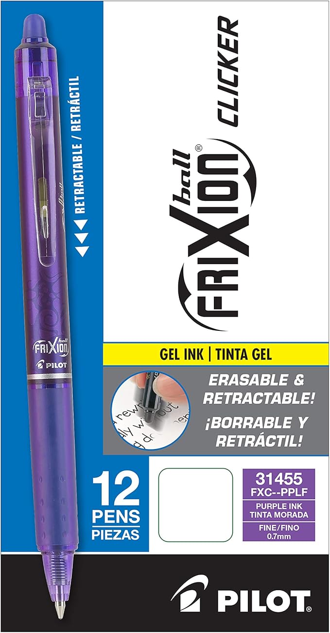 Pilot FriXion Clicker Erasable Gel Pens, Fine Point (0.7mm), Purple Ink, 12-Pack - Refillable, Smooth Writing Pens for School, Journaling, and Office Use