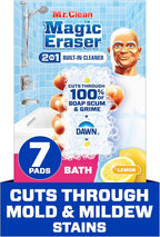 Mr. Clean Magic Eraser Sponge, Bathroom Cleaner, Shower Cleaner, Tub Cleaner, Soap Scum Remover, Bathroom Cleaning Supplies, Dawn Cleaning Power with Lemon Scent, 2 in 1 Bath, 7ct