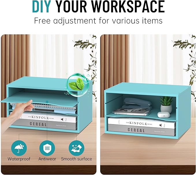 SHARKWOODS Wood Desk Organizer, 3 Tier Paper Tray Organizer for Desk with Adjustable Storage Shelves, Desktop File Organization Paper Sorter Mail Holder for Office Home Classroom, Blue