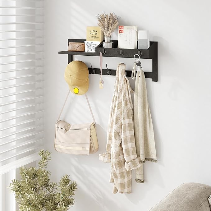 AMBIRD Wall Hooks with Shelf, 26.57 Inch Entryway Wood Coat Hooks for Wall, Coat Rack Wall Mount Rack with 5 Dual Hooks 3 Key Hooks Mail Organizer and Key Rack Key Holder (Black)