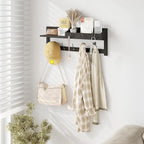 AMBIRD Wall Hooks with Shelf, 26.57 Inch Entryway Wood Coat Hooks for Wall, Coat Rack Wall Mount Rack with 5 Dual Hooks 3 Key Hooks Mail Organizer and Key Rack Key Holder (Black)