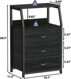 Furnulem Black Night Stand, Small Dresser for Bedroom, Nightstand with 3 Fabric Storage Drawers and 2-Tier Shelf, End Table Side Furniture for Closet, Hallway, Nursery, Sturdy Steel Frame, Wood Top
