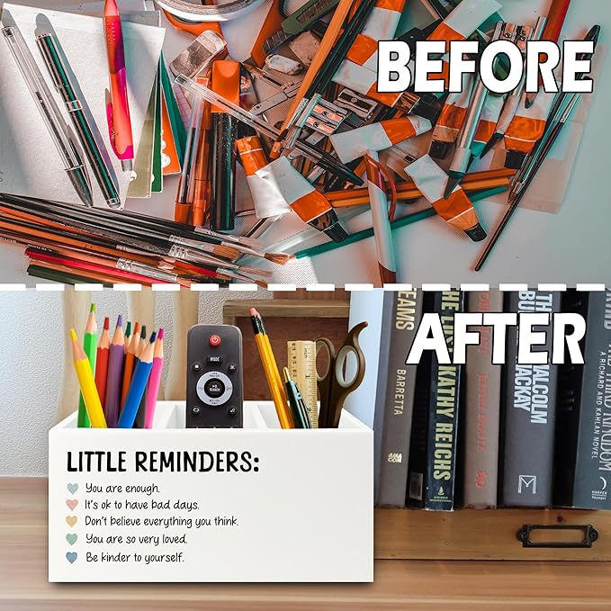 XPH Little Reminders Inspirational Pen Pencil Holder Organizer for Desk, Positive Gifts, Mental Health Motivational Wooden Box Sign for Therapy Counselor Office Classroom Desk Tabletop Decorations