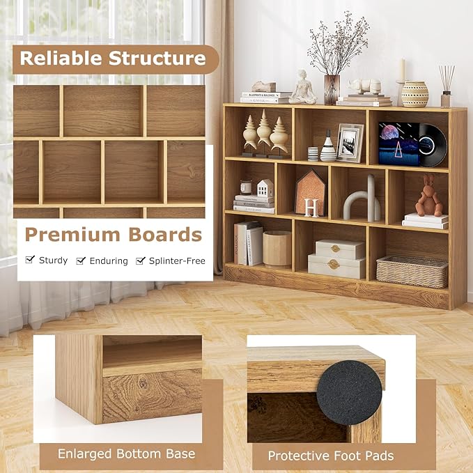 Tangkula 10-Cube Bookshelf, 55”L Floor Bookcase with 2 Anti-Tipping Kits, Freestanding Storage Organizer, 4-Tier Display Shelf for Home, Office & Dorms, Natural/White (Natural, 10-Cube-Large)