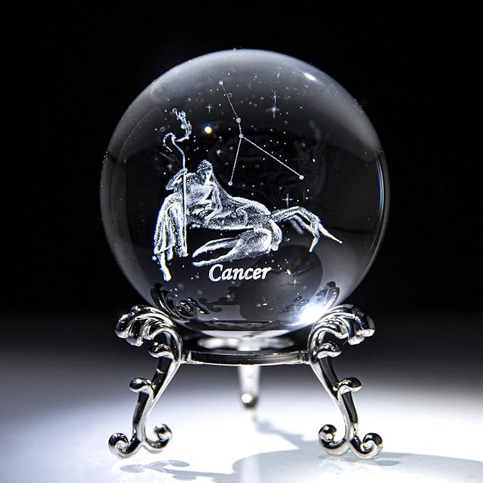 HDCRYSTALGIFTS Crystal 3D Constellation Crystal Ball 60mm Crystal Paperweight Full Sphere Glass Fengshui with Sliver-Plated Flowering Stand(Cancer)