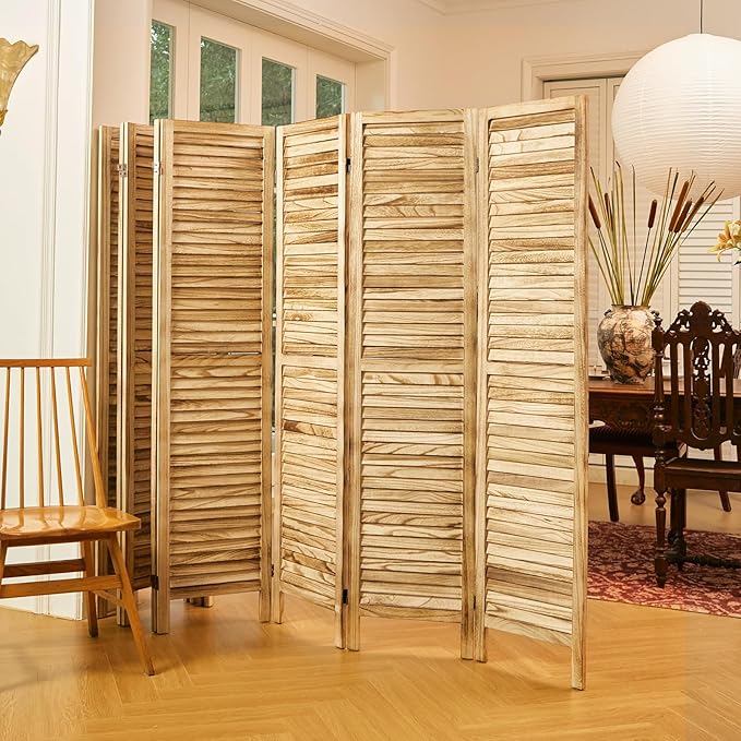 Room Partitions and Dividers, Temporary Wall with Double Hinges, 5.6 Ft Tall Folding Louver Wood Screen for Home Office Bedroom Hotel Decoration (8 Panels, Wood Color)