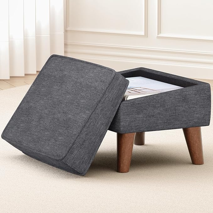 FAGAGA Small Footstool Ottoman with Storage, Ottoman Foot Rest, Modern Foot Stool with Adjustable Lid and Sturdy Wood Legs for Living Room, Bedroom, Couch, Enterway, Light Gray