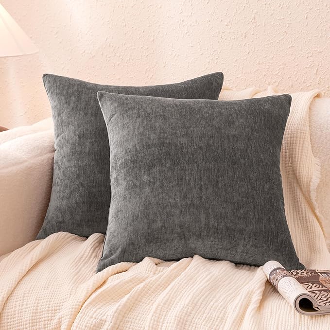 Amazon Basics Chenille Throw Pillow Covers, Home Decor Cushion Cover for Bedroom Living Room Couch Bed, 16" W × 16" L, Dark Gray