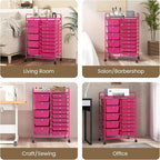 COSTWAY 15-Drawer Rolling Storage Cart, Mobile Utility Cart with Heavy-duty Frame & Lockable Wheels, Multipurpose Storage Organizer for Tools, Paper, Office, School, Hot Pink