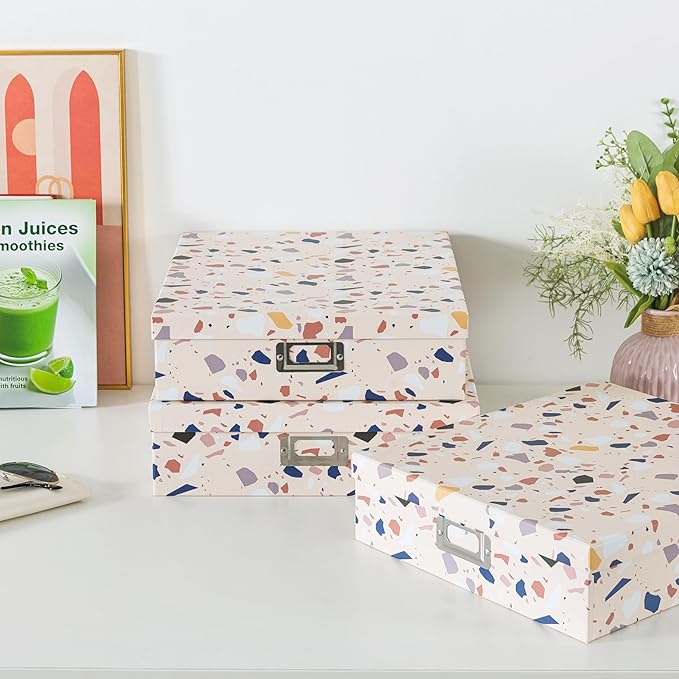 Soul & Lane Decorative Cardboard Storage Boxes With Lids for Home Décor, Set of 3 Nesting Photo Storage Box Set for Organizing, Scrapbooks, Keepsakes, Terrazzo Print Memory Containers