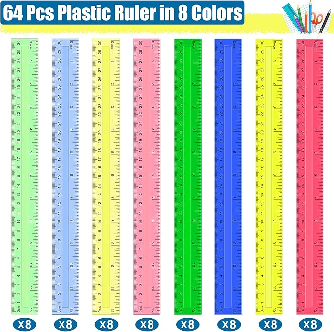 Ruler, 64 Packs 12 Inch Clear Plastic Assorted Color Metric Bulk Rulers with Inches Centimeters Millimeter. Measuring Drawing Tool for Kids, Ideal Back to School Classroom Office Home Supplies