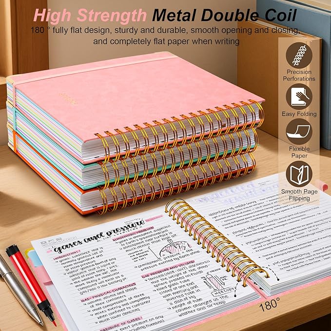 Hardcover Spiral Notebook 8"x10" Journal Notebook with Tabs and Removable Dividers 300 Pages 5 Subject Notebook College Ruled, Faux Leather Spiral Bound Notebook for Women School Work (Pink)