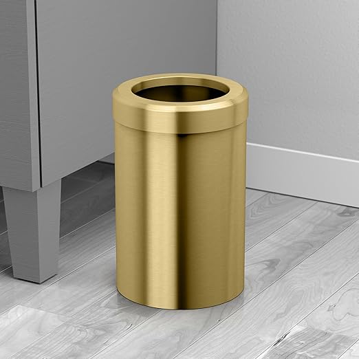 Gatco 1910B Modern Round Wastebasket, Brushed Brass- Stainless Steel Trash Can with Removable Lid, Leakproof, 3 Gallon Capacity for Bathroom, Bedroom, Kitchen, or Office