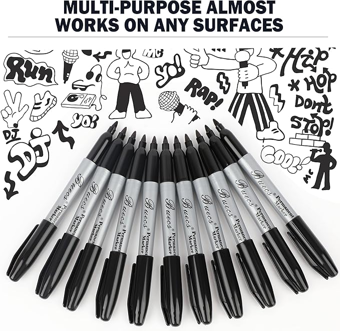 Buecs Permanent Markers, 200 Count Black Permanent Markers, Fine Point, Waterproof & Smear Proof Markers, Quick Drying, Office Supplies for School, Office, Home