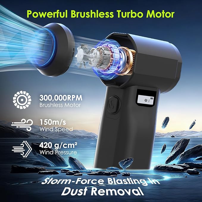 OVVGO Electric Compressed Air Duster, 300,000RPM Cordless Air Blower for Dust Removal, Duster/Vacuum 2-in-1 with 10 Speeds, 20000mAh Rechargeable & 5 Nozzles Dust Blower for PC, Keyboard, Car, Outdoor