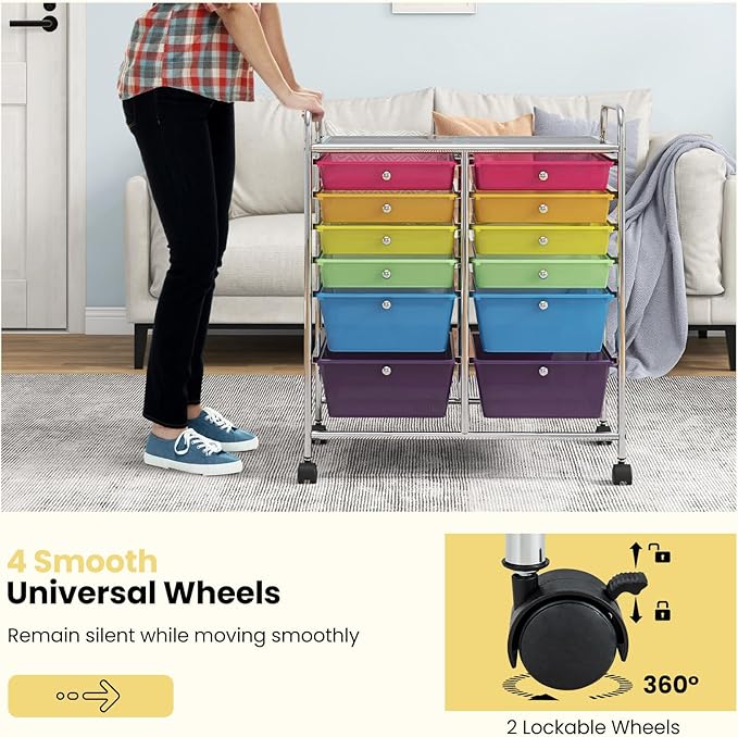 LDAILY 12 Drawer Rolling Storage Cart, Craft Cart Organizer on Wheels w/Metal Frame, Large Capacity & Smooth Drawer, Rolling Cart w/Drawers for Classroom, Office
