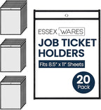 Essex Wares - 20 Pack, Black, Job Ticket Holders, 10" Wide x 13.5" Tall - Clear Plastic Shop Ticket Holders - Easy to Use, Reusable & Easy Erase Plastic Invoice Holders, Water-Resistant & Durable