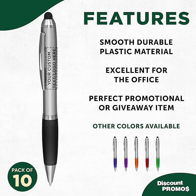 DISCOUNT PROMOS Custom Stylus Ballpoint Pens Set of 10, Personalized Bulk Pack - Black Ink, Great for Office, School, Business, Tradeshows, Events - Black